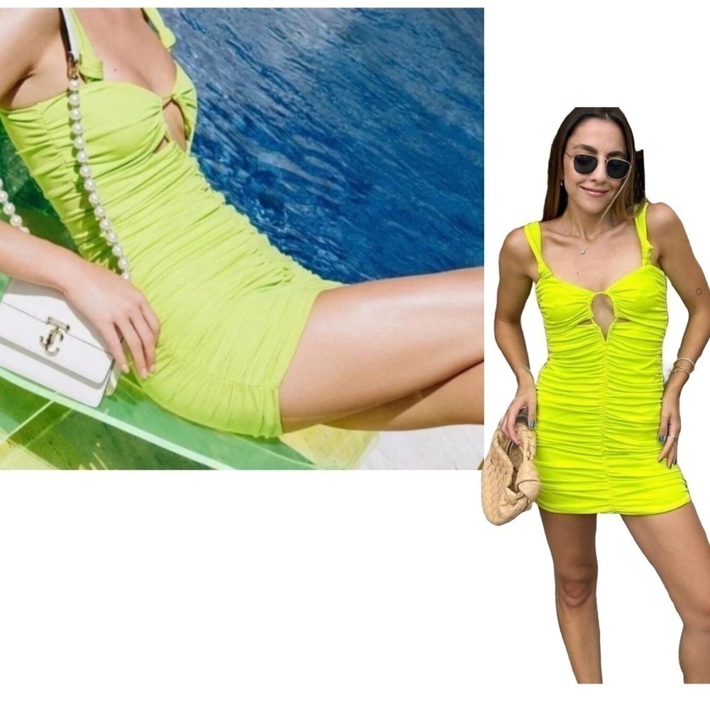 Zara lime green ruched draped sleeveless cut-out bodycon mini dress thick straps